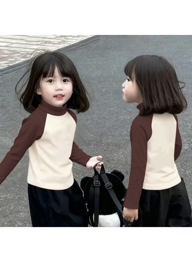 Girls' Thermal Base Layer Top Autumn And Winternew Style For Older Children, Half Turtleneck, Warm Inner Layer, Color-blocking Long Sleeves