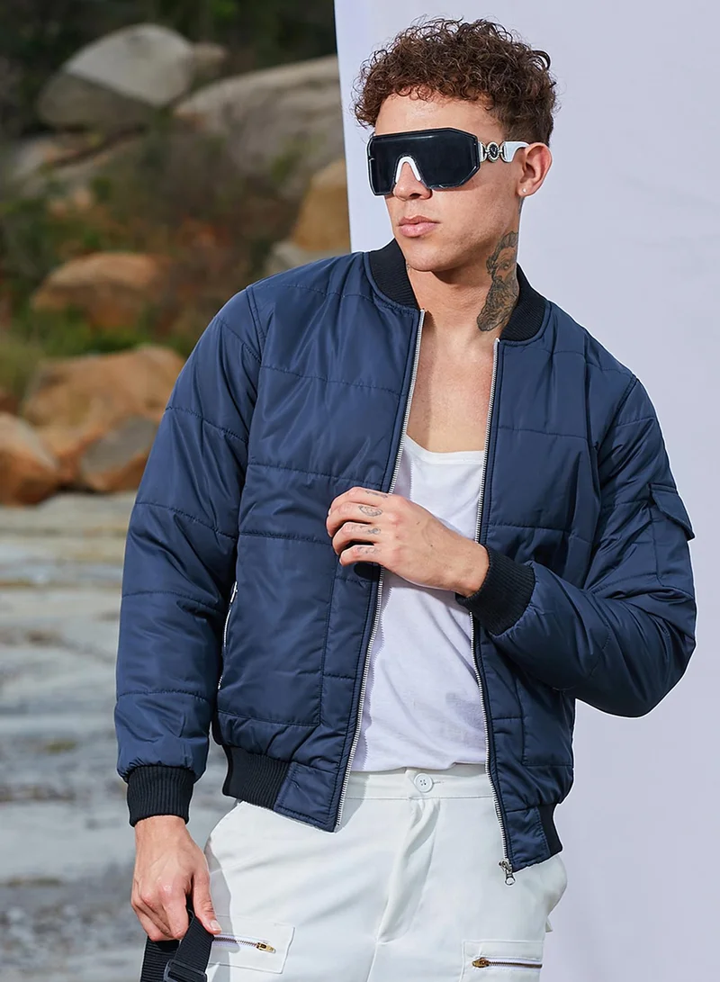 كامبوس سوترا Men's Blue Puffer Jacket With Contrast Hem