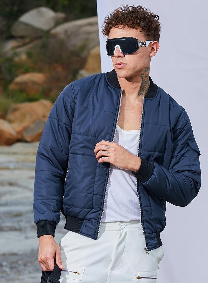 Campus Sutra Men's Blue Puffer Jacket With Contrast Hem  - Image 1