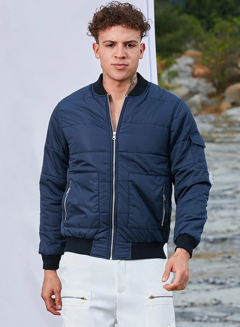 كامبوس سوترا Men's Blue Puffer Jacket With Contrast Hem