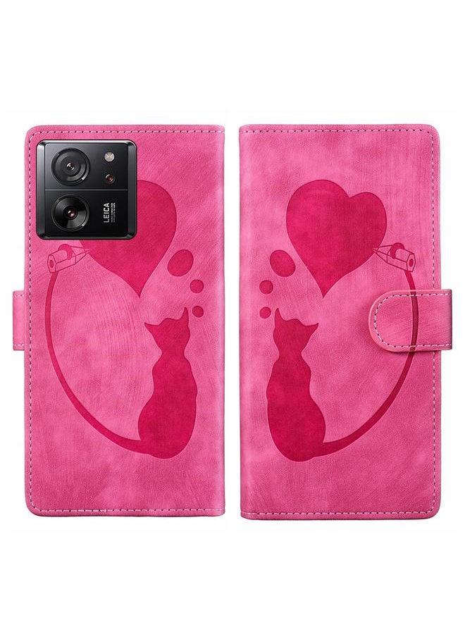 erorex - For Xiaomi 13T / 13T Pro Pen Heart Cat Embossed Leather Phone Case(Pink) - Image 1