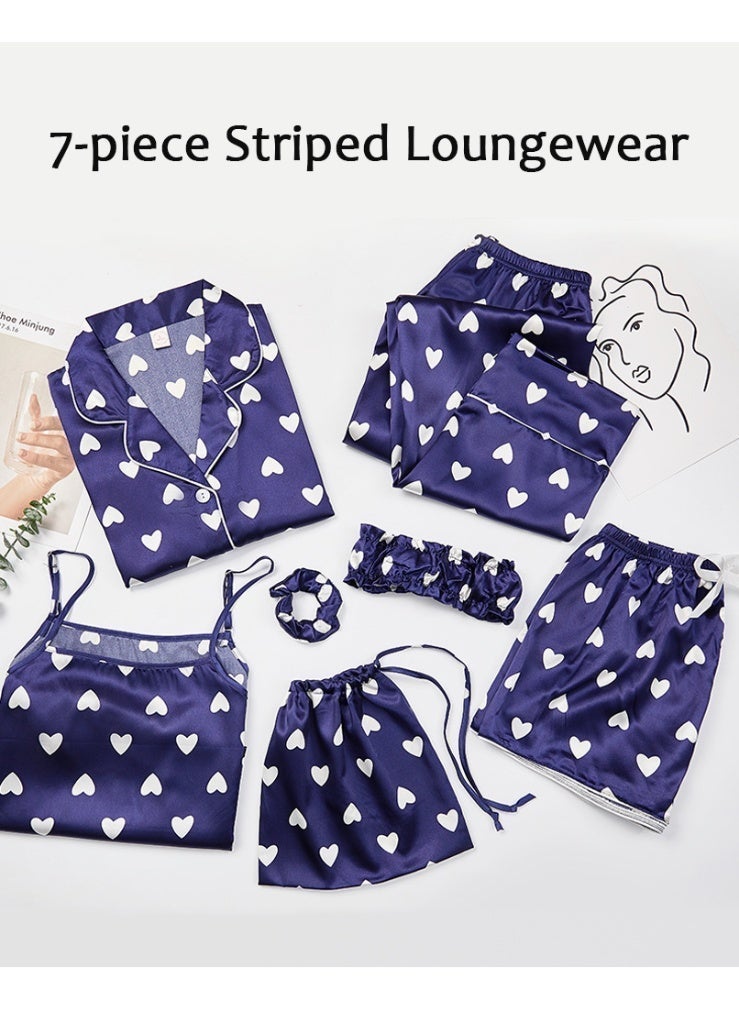7pcs Women's Silk Satin Pajama Set, Comfortable Four-season Stripped Sleepwear with Short and Long Pants, Cami and V-neck Button Down Long Sleeve Nightwear Tops, Soft Loungewear Set for Pajama Party, Bridal Party, Lounging Room,Travel, Holiday, ect. Blue - Image 2