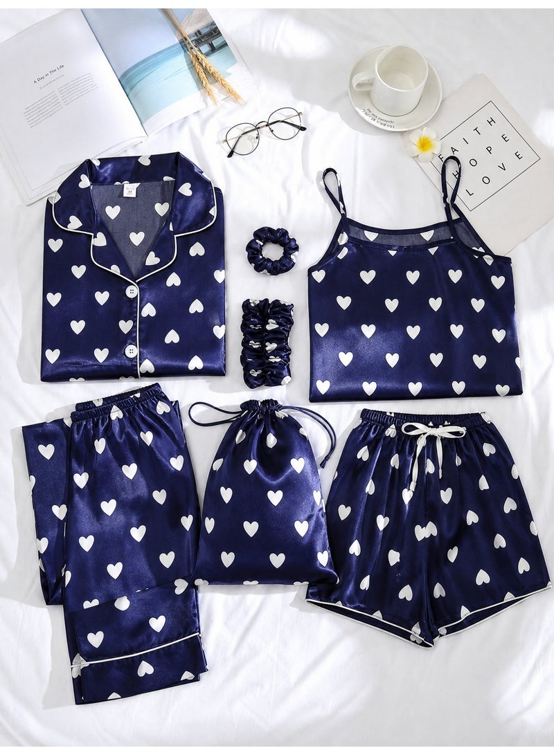 7pcs Women's Silk Satin Pajama Set, Comfortable Four-season Stripped Sleepwear with Short and Long Pants, Cami and V-neck Button Down Long Sleeve Nightwear Tops, Soft Loungewear Set for Pajama Party, Bridal Party, Lounging Room,Travel, Holiday, ect. Blue - Image 1