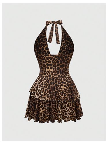 WDIRARA Women's Plus Size Leopard Halter Dress Tie Backless Layered Ruffle Mini Dress Multicolor XX-Large Plus - Image 3