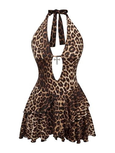 WDIRARA Women's Plus Size Leopard Halter Dress Tie Backless Layered Ruffle Mini Dress Multicolor XX-Large Plus - Image 1