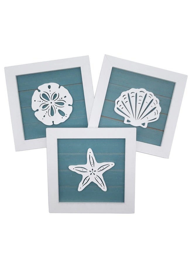 CSWLJS Ocean Theme Wall Decor Set of 3 7x7 in Rustic Beach Decor 3D Starfish Seashell and Sand Dollar Wooden Beach Bathroom Decor Ocean Coastal Theme Decor for Lake House Home Room Nautical Gifts - Image 1