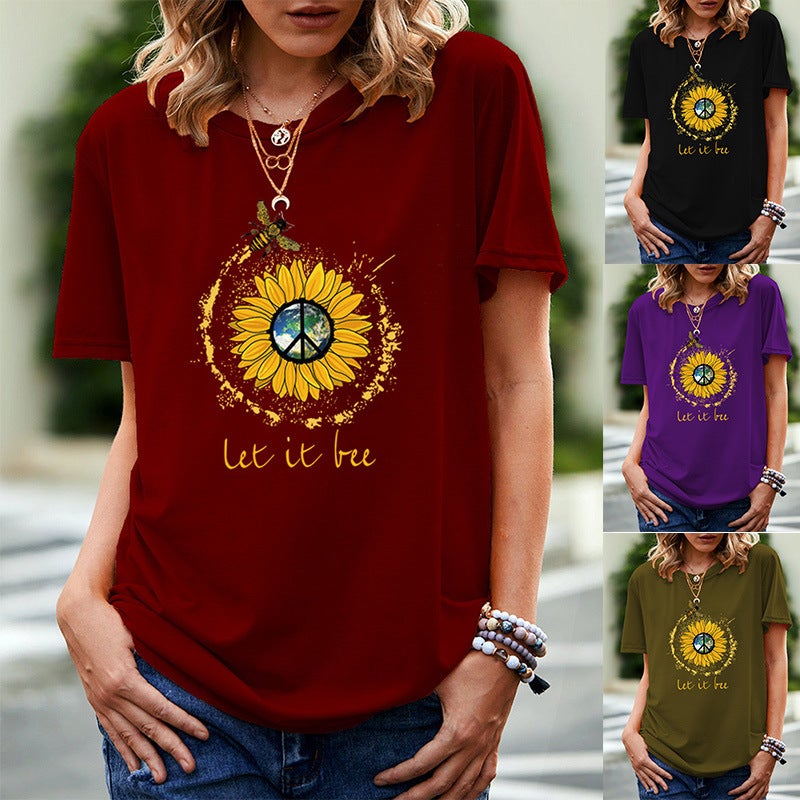 wish independent station sunflower pattern printed short sleeve t-shirt for women - Image 2
