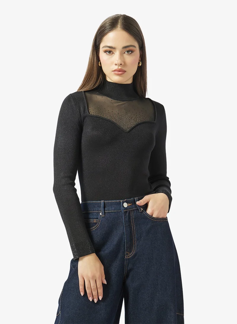 GUESS Lucy Rhineston Long Sleeve Sweetheart Neck Pullover Sweater