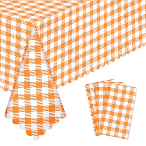 NatNarr 3 Pack Orange Gingham Tablecloth 54 X 108Inch Plastic Orange Checkered Table Cloth Disposable Scalloped Tablecloths Waterproof Plaid Table Cover for Picnic Wedding Birthday Outdoors Party - Image 1