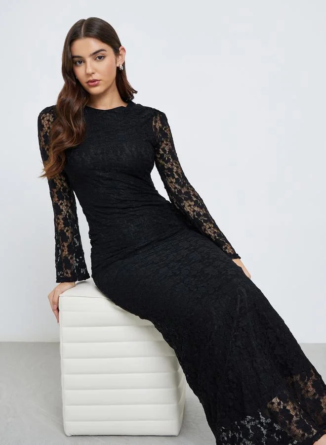 Styli Black Lace Overlay Maxi Evening Dress