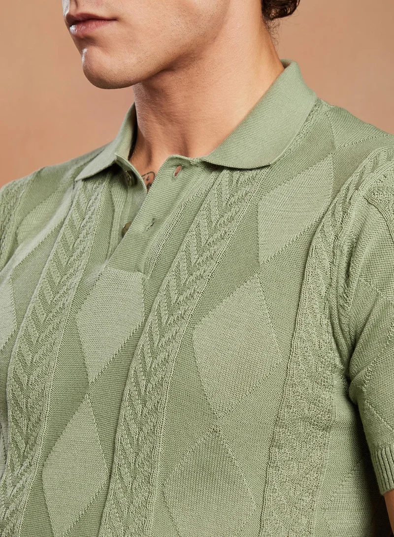 Campus Sutra  Men's Pistachio Green Argyle-Tactile Polo T-Shirt for Men | Best Price UAE