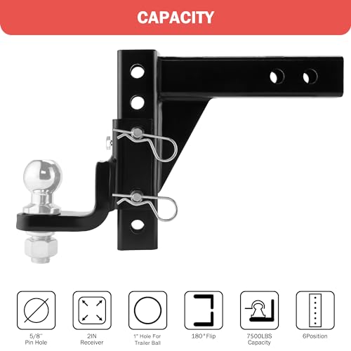 OPENROAD Adjustable Trailer Hitch Ball Mount, Fits 2-Inch Receiver, 1-Inch Hole, 7500lbs, 9-1/2" Drop/ 8-1/4" Rise Drop Hitch, Tow Hitch for Heavy Duty Truck with Stainless Steel Pins - Image 3