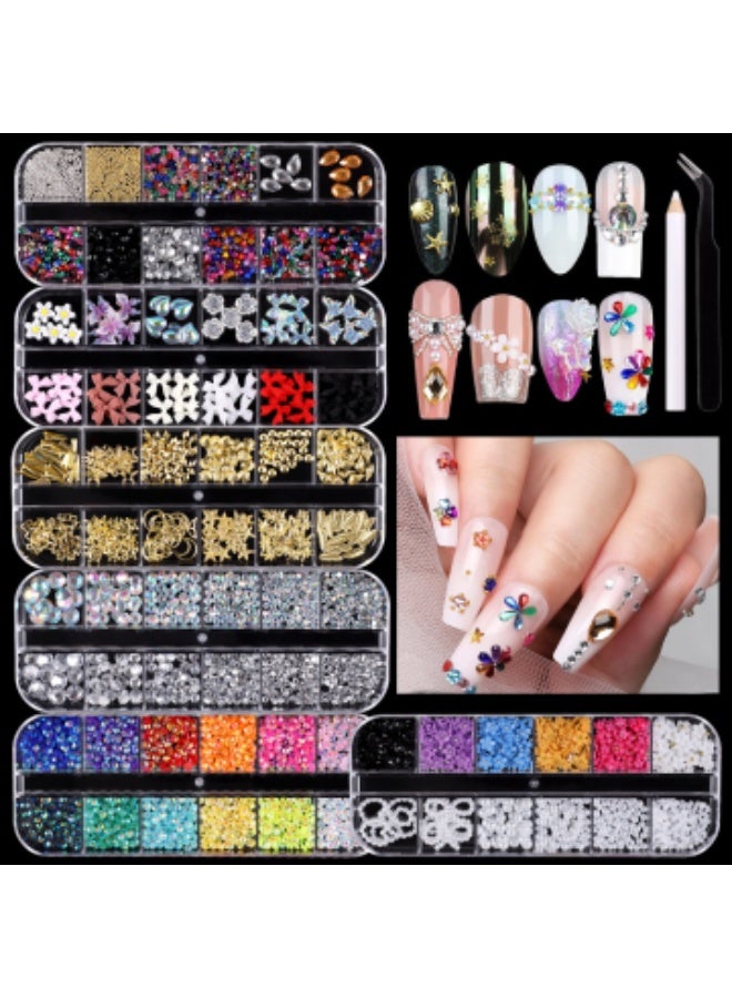 Nail Charms Nail Stickers with Nail Gems Kit, 8 Boxes Nail Art Rhinestones Gold Rhinestones for Nails, Nail Charms and Gems Pearls for Nails, 3D Nail Art Design Kit Nail Decorations for Women - Image 1