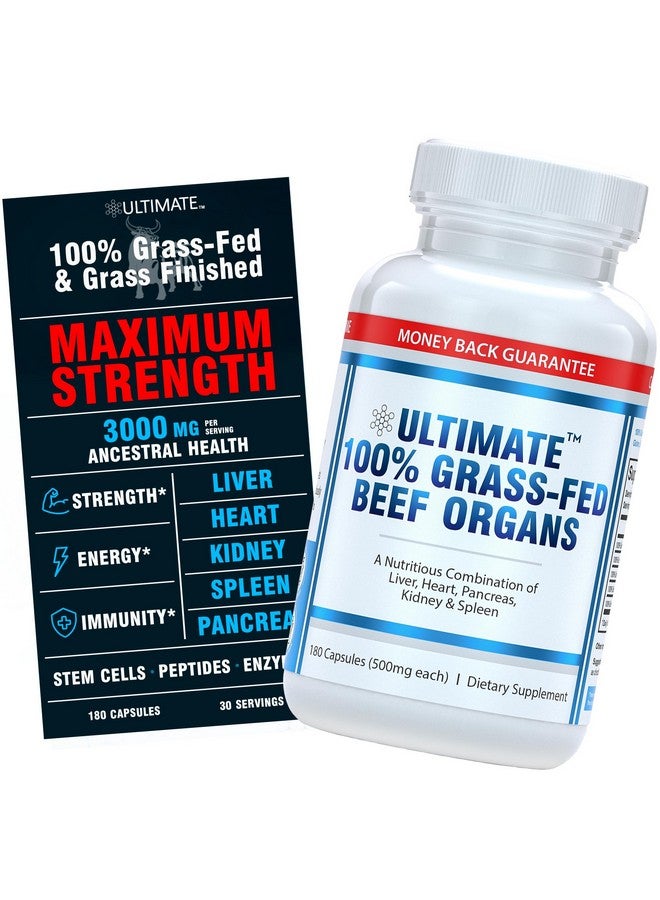 Ultimate 100% Grass Fed Beef Organs Supplement Supports Energy & Whole Body Wellness* with a Complex of Desiccated Beef Liver, Heart, Kidney, Pancreas & Spleen. Pesticide Free & Non-GMO, 180 Capsules - Image 1