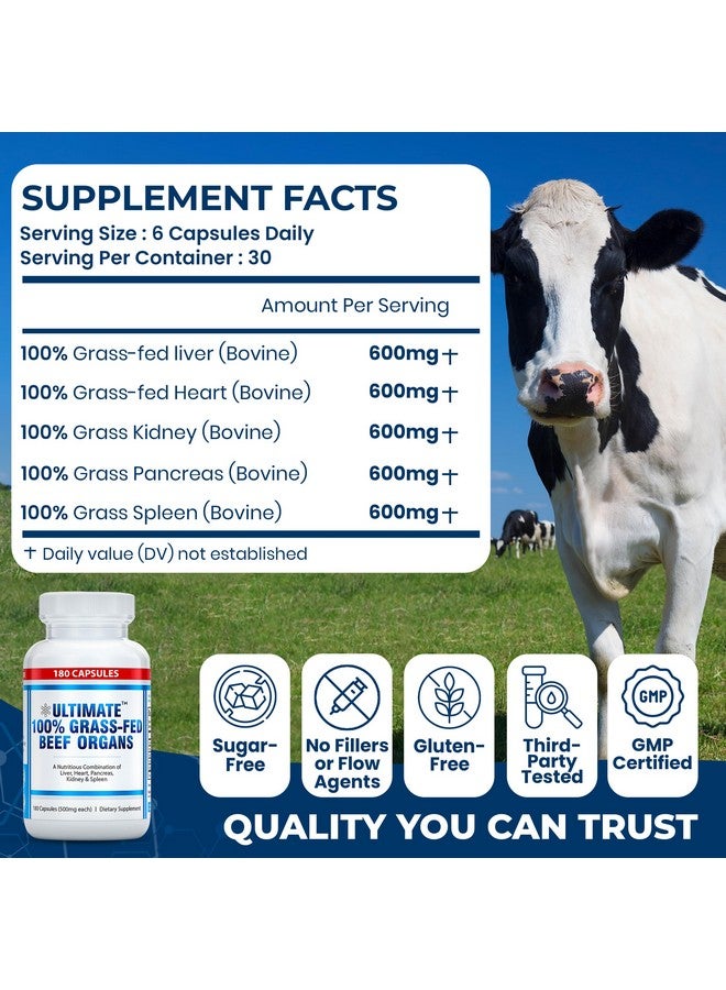 Ultimate 100% Grass Fed Beef Organs Supplement Supports Energy & Whole Body Wellness* with a Complex of Desiccated Beef Liver, Heart, Kidney, Pancreas & Spleen. Pesticide Free & Non-GMO, 180 Capsules - Image 2