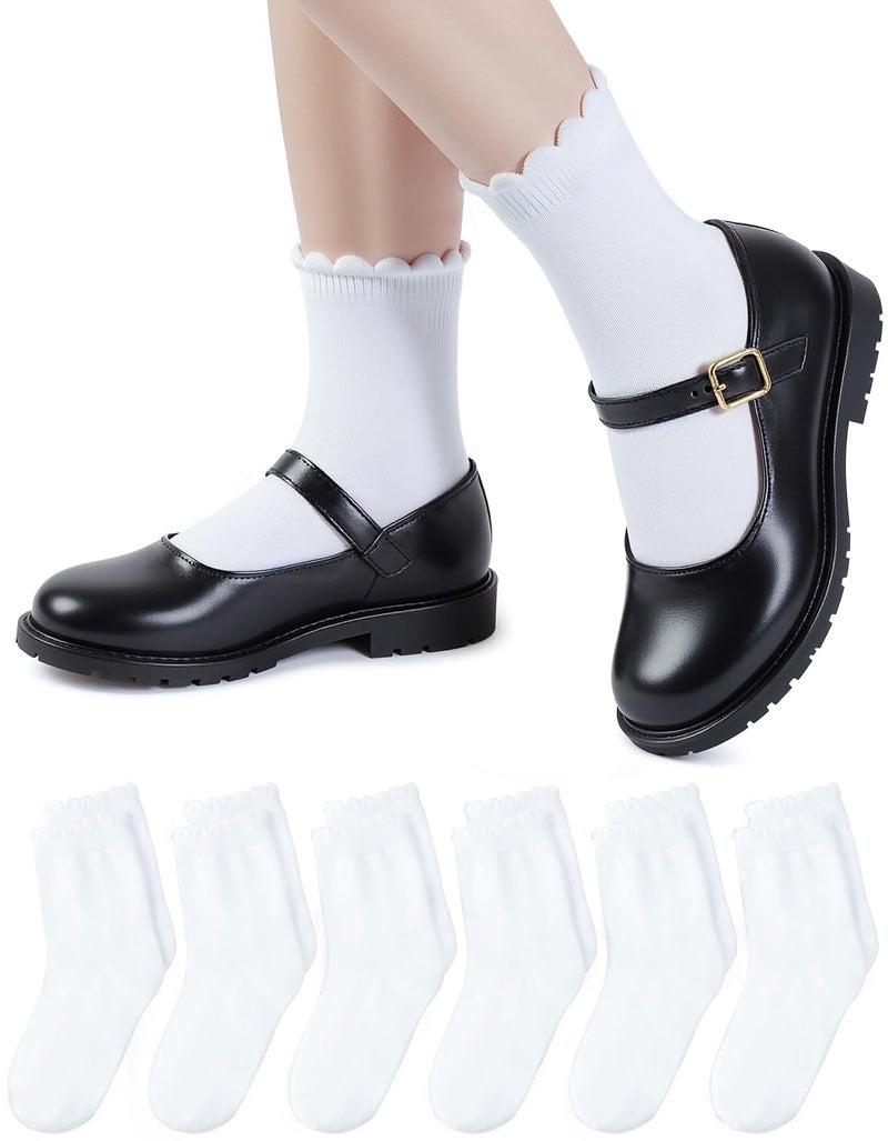 HONGTEYA 6 Pairs Girls White Ruffle Socks School Uniform Dress Socks for Kids Seamless Crew Ankle Cotton Size 4-14 Years (US, Age, 4 Years, 6 Years, white) - Image 1