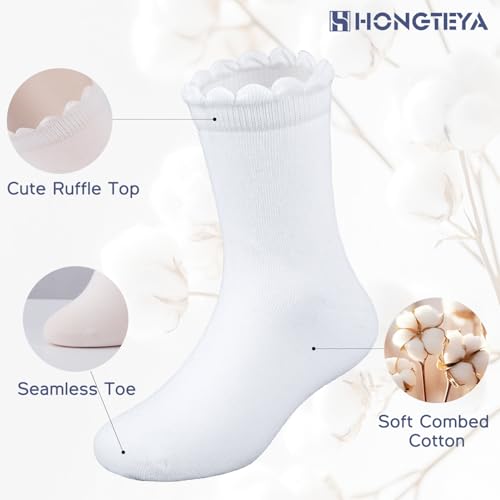 HONGTEYA 6 Pairs Girls White Ruffle Socks School Uniform Dress Socks for Kids Seamless Crew Ankle Cotton Size 4-14 Years (US, Age, 4 Years, 6 Years, white) - Image 3