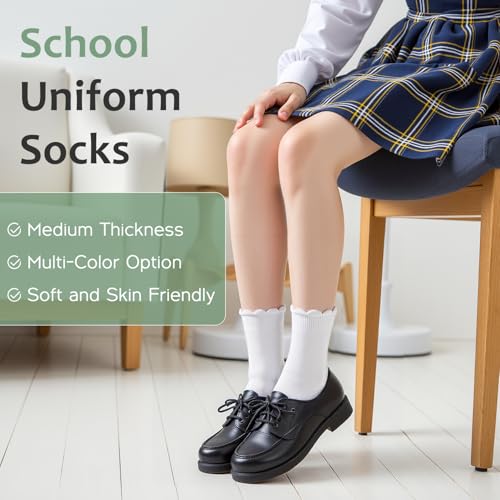 HONGTEYA 6 Pairs Girls White Ruffle Socks School Uniform Dress Socks for Kids Seamless Crew Ankle Cotton Size 4-14 Years (US, Age, 4 Years, 6 Years, white) - Image 2