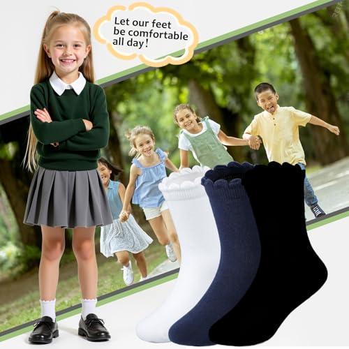 HONGTEYA 6 Pairs Girls White Ruffle Socks School Uniform Dress Socks for Kids Seamless Crew Ankle Cotton Size 4-14 Years (US, Age, 4 Years, 6 Years, white) - Image 5