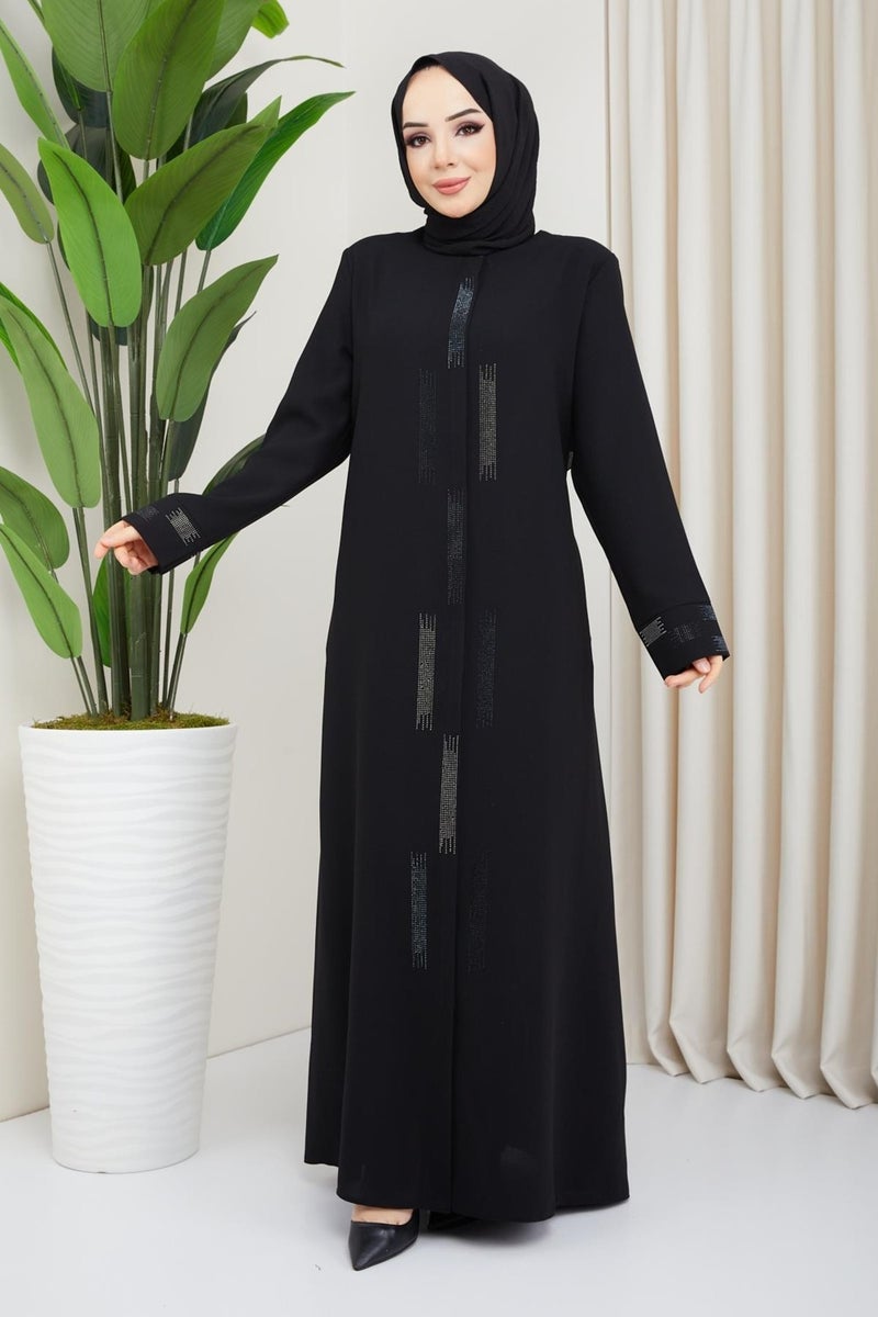 Hafsa Mina Stone Detailed Plus Size Abaya Black  - Image 1