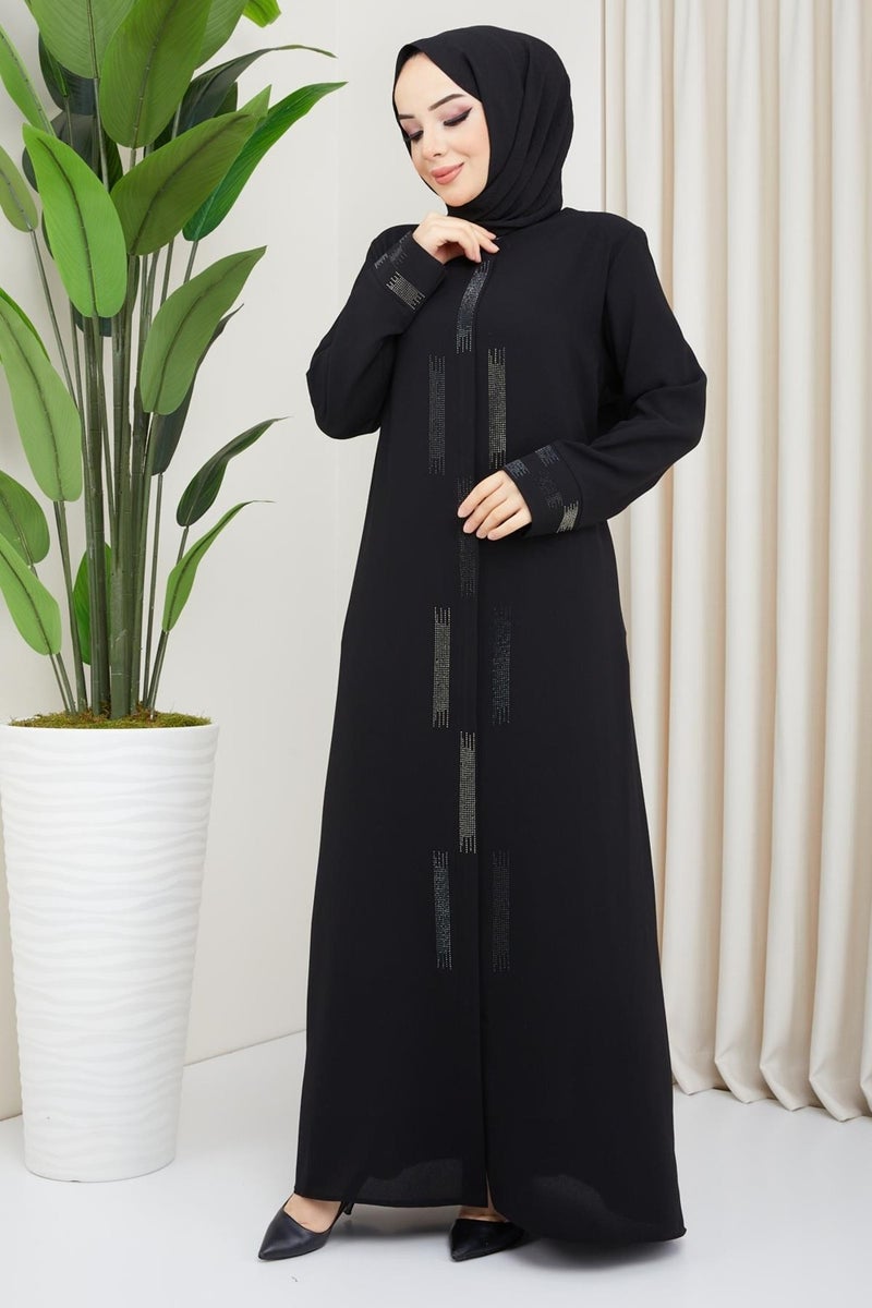 Hafsa Mina Stone Detailed Plus Size Abaya Black  - Image 3