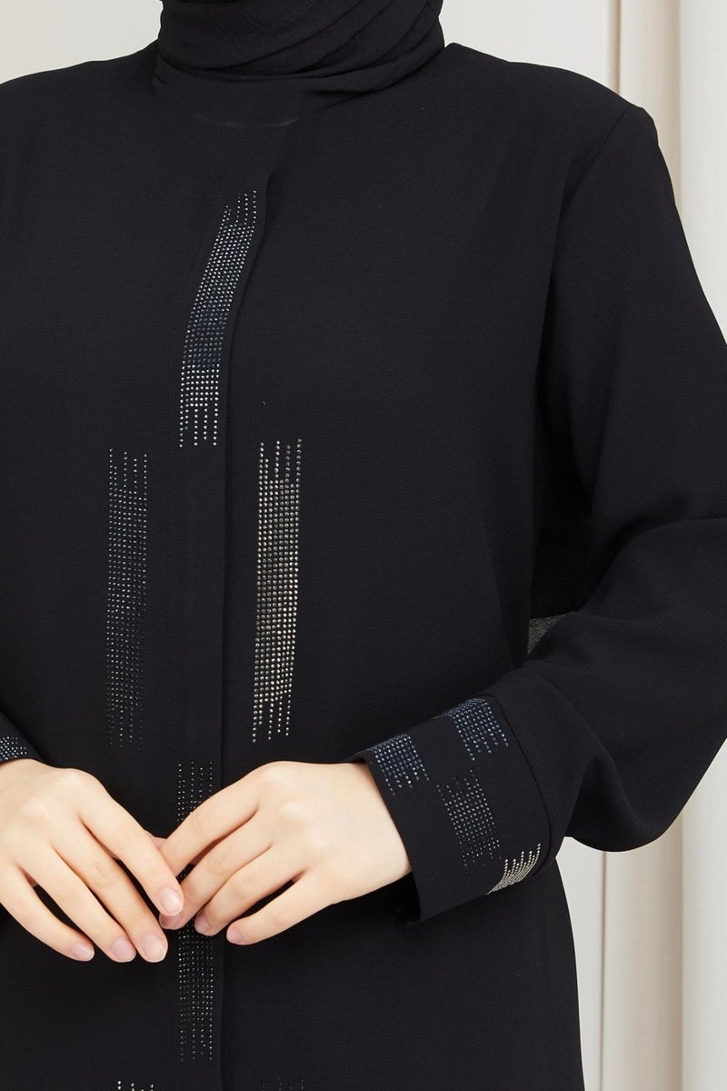 Hafsa Mina Stone Detailed Plus Size Abaya Black  - Image 5