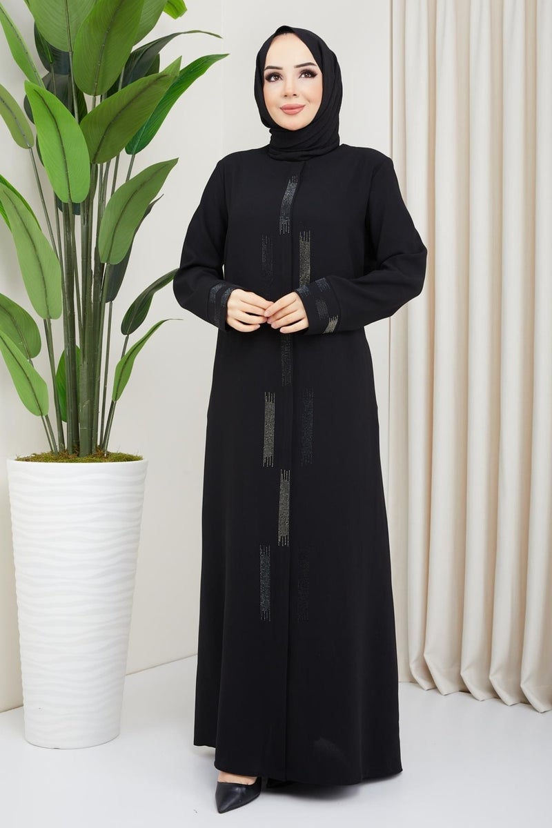 Hafsa Mina Stone Detailed Plus Size Abaya Black  - Image 2