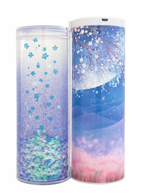 Multi-function Pencil Case with digital password lock, Beautiful Quicksand Translucent design, Creative cylindrical school box with calculator and large storing space (Purple Sakura)