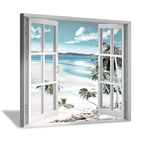 Hardy Gallery Open Windows Canvas Wall Art: Beach with Coastal Palm Graphic Artwork Print on Wrapped Canvas for Wall Decor(24''x18'') - Image 1