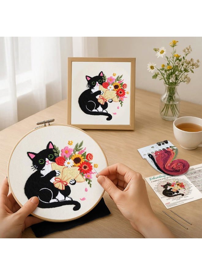 Nuberlic Black Cat Flowers Embroidery Kits for Beginners, DIY Cross Stitch Starter Craft Kits for Adults Including Embroidery Cloth with Pattern, Hoop, Needles Instruction and Threads - Image 5