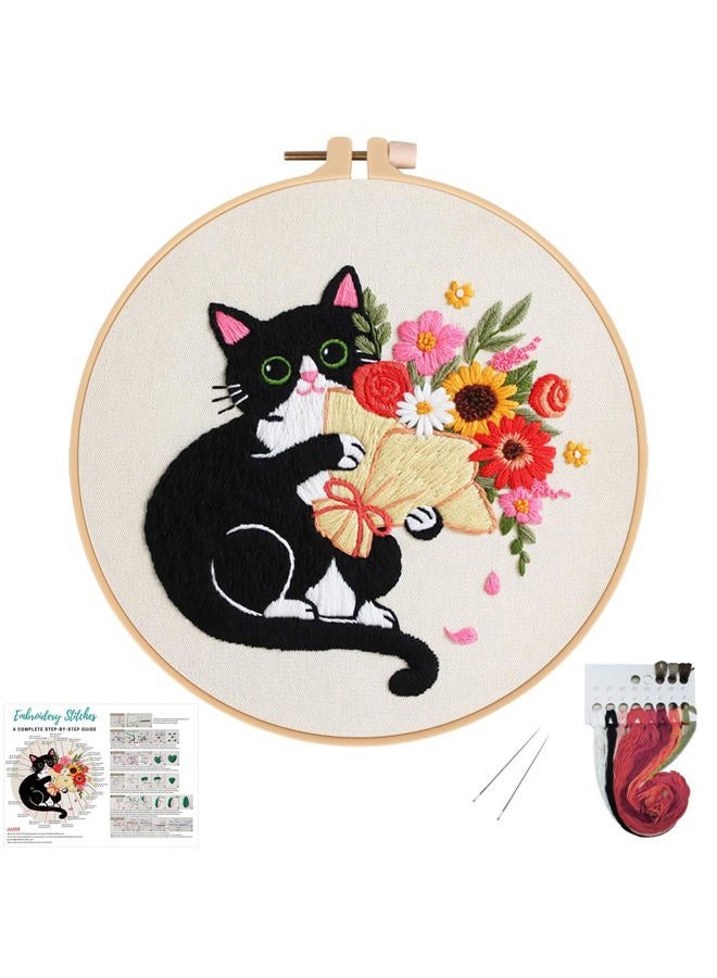 Nuberlic Black Cat Flowers Embroidery Kits for Beginners, DIY Cross Stitch Starter Craft Kits for Adults Including Embroidery Cloth with Pattern, Hoop, Needles Instruction and Threads - Image 1