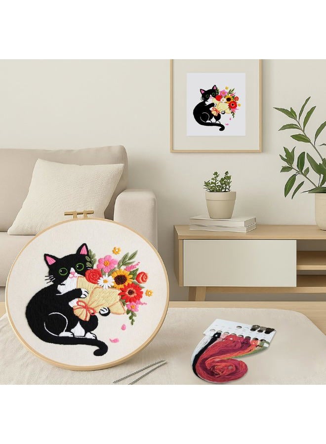 Nuberlic Black Cat Flowers Embroidery Kits for Beginners, DIY Cross Stitch Starter Craft Kits for Adults Including Embroidery Cloth with Pattern, Hoop, Needles Instruction and Threads - Image 2