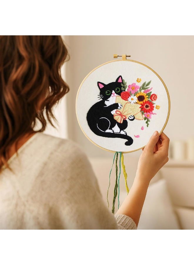 Nuberlic Black Cat Flowers Embroidery Kits for Beginners, DIY Cross Stitch Starter Craft Kits for Adults Including Embroidery Cloth with Pattern, Hoop, Needles Instruction and Threads - Image 3