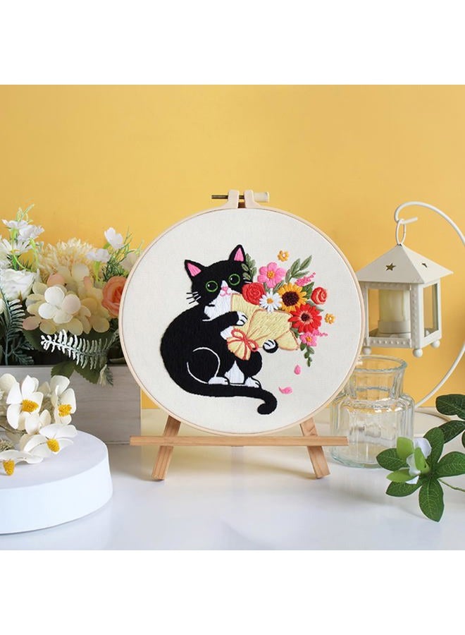 Nuberlic Black Cat Flowers Embroidery Kits for Beginners, DIY Cross Stitch Starter Craft Kits for Adults Including Embroidery Cloth with Pattern, Hoop, Needles Instruction and Threads - Image 4