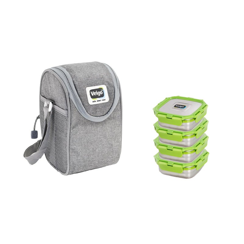 Veigo Veigo Stainless Steel Medium Snack Box Set of 4 330 ml 330 ml 330 ml 330 ml with Insulated Pouch Airtight Leakproof Freezer Dishwasher Safe Snacks Box for School Safe Lid Lock Green  - Image 1