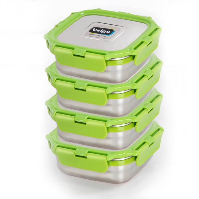 Veigo Veigo Stainless Steel Medium Snack Box Set of 4 330 ml 330 ml 330 ml 330 ml with Insulated Pouch Airtight Leakproof Freezer Dishwasher Safe Snacks Box for School Safe Lid Lock Green  - Image 2
