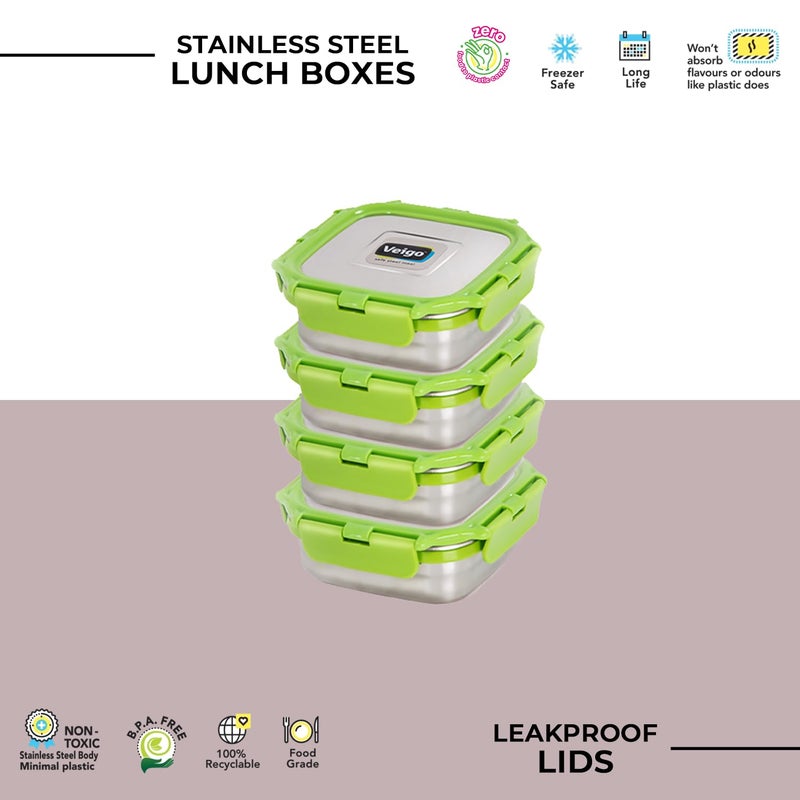 Veigo Veigo Stainless Steel Medium Snack Box Set of 4 330 ml 330 ml 330 ml 330 ml with Insulated Pouch Airtight Leakproof Freezer Dishwasher Safe Snacks Box for School Safe Lid Lock Green  - Image 3