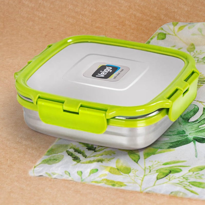 Veigo Veigo Stainless Steel Medium Snack Box Set of 4 330 ml 330 ml 330 ml 330 ml with Insulated Pouch Airtight Leakproof Freezer Dishwasher Safe Snacks Box for School Safe Lid Lock Green  - Image 4