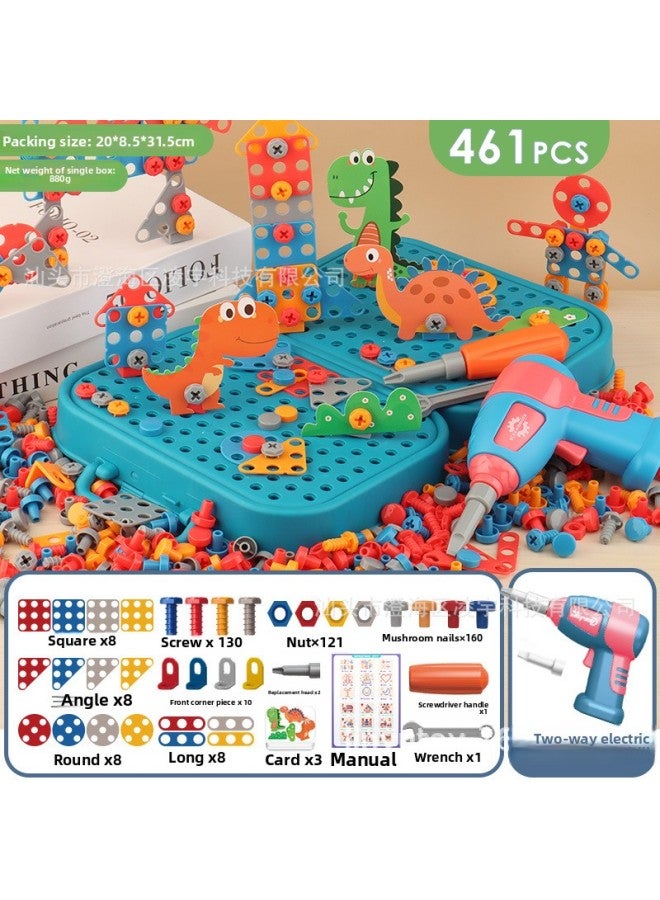 Electric Screwdriver Toolbox Children's Toy Educational Detachable Assembly Screwdriver Drill Bit Set Tool Kit For Kids-Color:461-piece Set 【dinosaur】 Toolbox Package + Double Steering Electric Drill 880g - Image 1