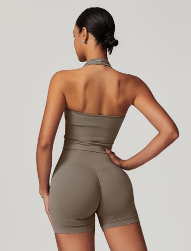 ABOCIW Workout Sets for Women 2 Piece Seamless Halter Cropped Tank Longline Sports Bra Scrunch Butt High Waist Shorts Gym Sets Yoga Pilates Outfits Athletic Work Out Clothes Khaki Small - Image 3