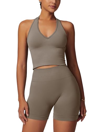 ABOCIW Workout Sets for Women 2 Piece Seamless Halter Cropped Tank Longline Sports Bra Scrunch Butt High Waist Shorts Gym Sets Yoga Pilates Outfits Athletic Work Out Clothes Khaki Small - Image 1