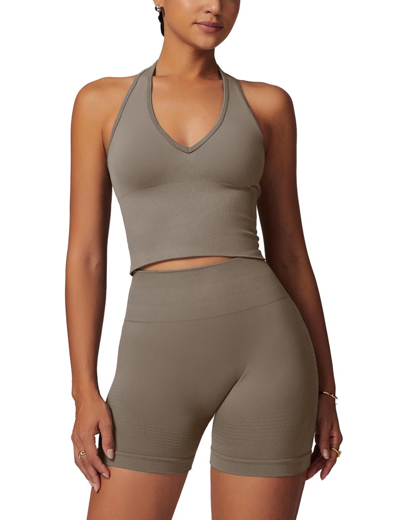 ABOCIW Workout Sets for Women 2 Piece Seamless Halter Cropped Tank Longline Sports Bra Scrunch Butt High Waist Shorts Gym Sets Yoga Pilates Outfits Athletic Work Out Clothes Khaki Small - Image 2