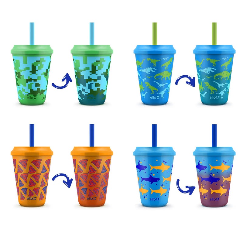 Ello Kids Plastic Reusable Color Changing Cups with Twist on Splash-Proof Lids and Straw, BPA Free, Dishwasher Safe, 12oz, Rainforest, 4 Pack - Image 1