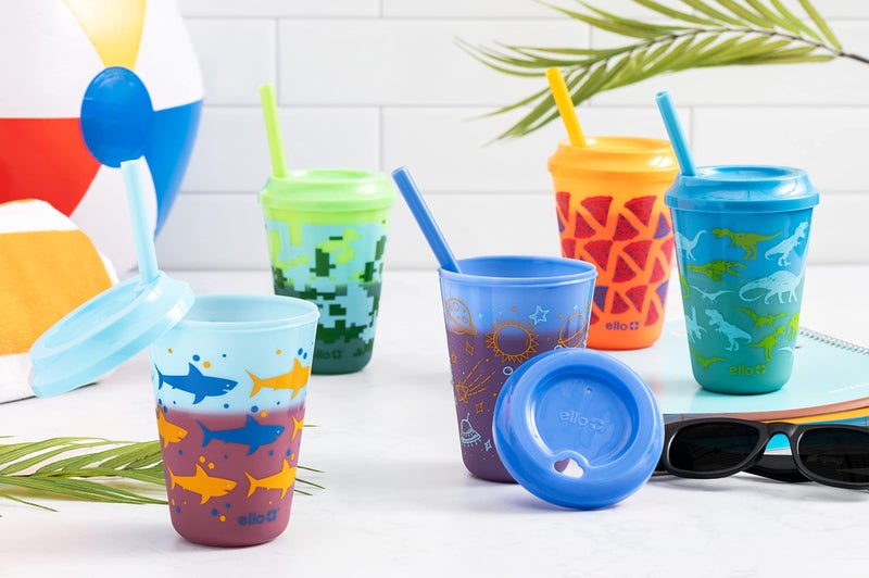 Ello Kids Plastic Reusable Color Changing Cups with Twist on Splash-Proof Lids and Straw, BPA Free, Dishwasher Safe, 12oz, Rainforest, 4 Pack - Image 2