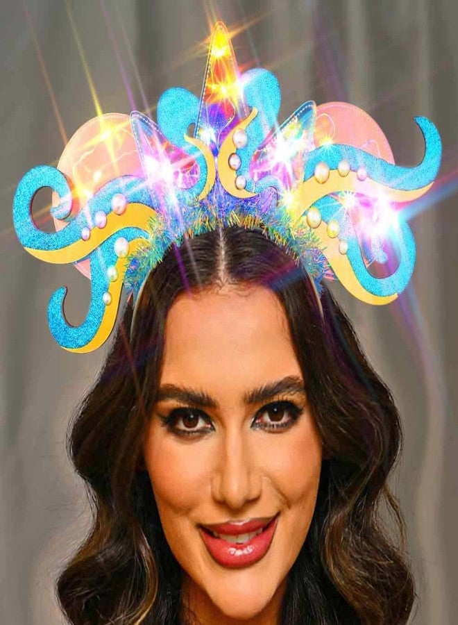Zoestar Light Up Mermaid Costume Headband Glowing Octopus Headpiece Under the Sea Ocean Hair Accessories for Women (Blue, One Size) - Image 1