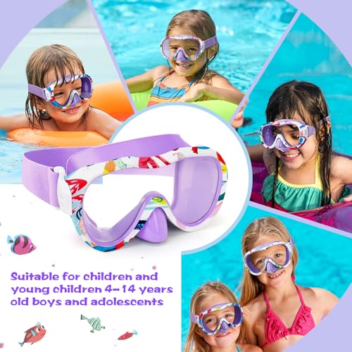 Wave Kids Swim Goggles with Nose Cover, 180° Panoramic Snorkel Mask with Anti-Fog & Anti-Leak Design, Comfort Fabric Strap UV Protection Lens for Boys Girls Ages 3-15 - Image 3