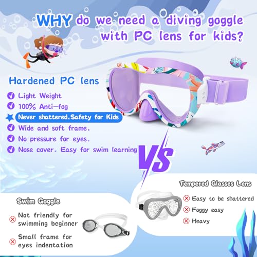 Wave Kids Swim Goggles with Nose Cover, 180° Panoramic Snorkel Mask with Anti-Fog & Anti-Leak Design, Comfort Fabric Strap UV Protection Lens for Boys Girls Ages 3-15 - Image 5