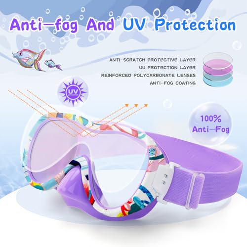 Wave Kids Swim Goggles with Nose Cover, 180° Panoramic Snorkel Mask with Anti-Fog & Anti-Leak Design, Comfort Fabric Strap UV Protection Lens for Boys Girls Ages 3-15 - Image 4