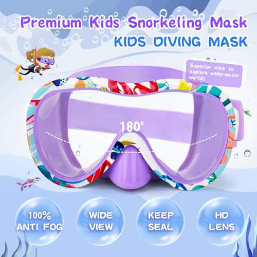 Wave Kids Swim Goggles with Nose Cover, 180° Panoramic Snorkel Mask with Anti-Fog & Anti-Leak Design, Comfort Fabric Strap UV Protection Lens for Boys Girls Ages 3-15 - Image 2