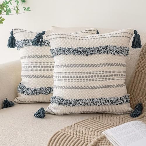 BUIOVBEY Boho Throw Pillow Covers 18x18 Set of 2 Woven Tufted Farmhouse Pillows Cover with Tassels Textured Striped Cushion Case Neutral Pillow Cases Decorative Pillowcase for Sofa, Couch, Bed, Dark Blue - Image 1